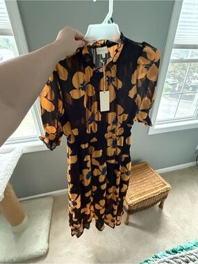 Black Midi Dress with Mustard Floral Print